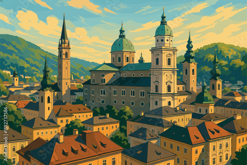Afternoon Salzburg panorama with baroque towers and green hills