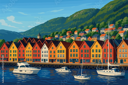 Bergen harbor panorama with colorful wooden houses and fjord backdrop