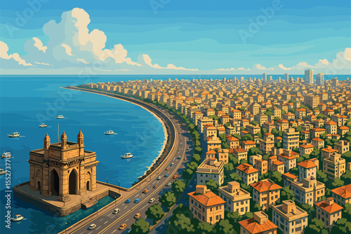 Mumbai panorama with Gateway of India and Marine Drive coastline