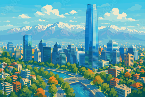 Santiago skyline with Andes Mountains and glass business towers