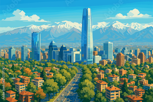 Santiago skyline with Andes Mountains and glass business towers