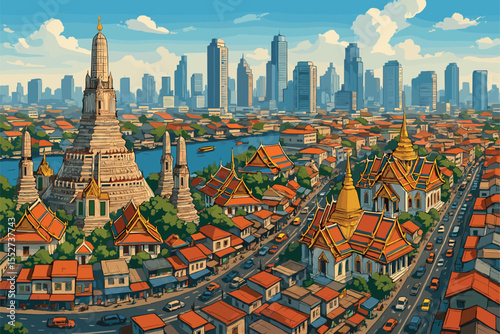 Bustling Bangkok daytime panorama with temples, river and high‑rises