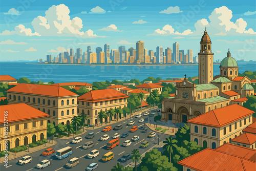Manila daylight skyline with colonial buildings and bay view