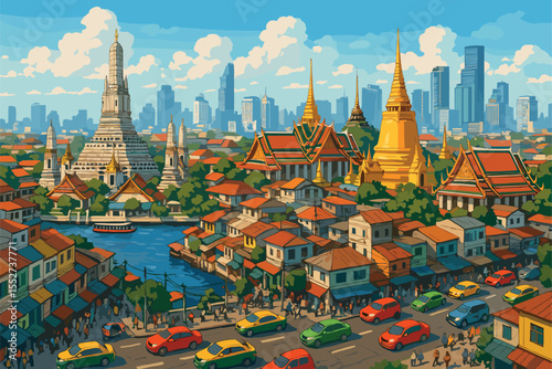 Bustling Bangkok daytime panorama with temples, river and high‑rises