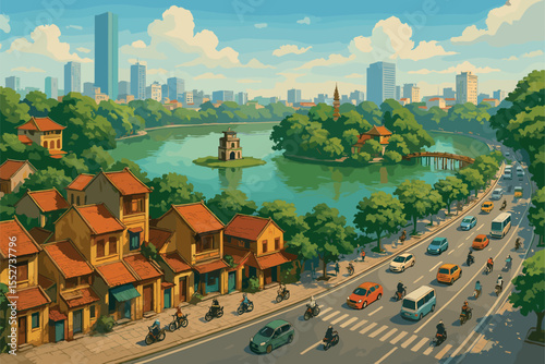Daylight Hanoi cityscape blending lakes, boulevards, traditional houses