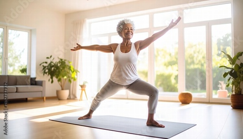 A dynamic photo of an elderly woman doing light yoga in a brightly lit room