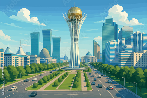 Modern Nur‑Sultan cityscape with futuristic architecture and wide boulevards
