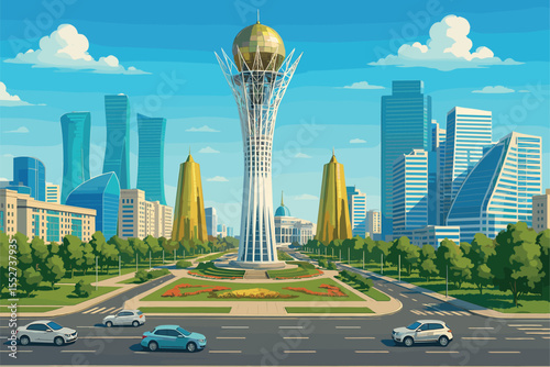 Modern Nur‑Sultan cityscape with futuristic architecture and wide boulevards