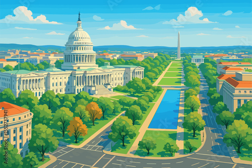 Bright Washington D.C. panorama with Capitol, Mall and monuments