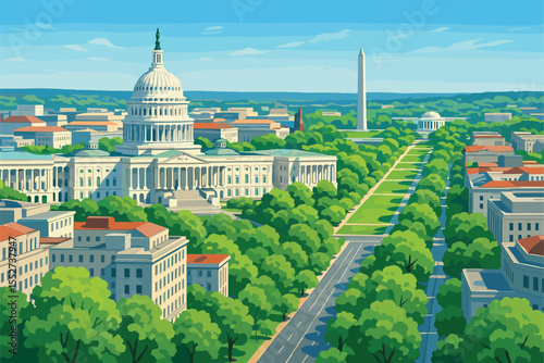 Bright Washington D.C. panorama with Capitol, Mall and monuments