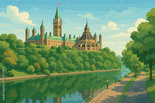 Calm Ottawa panorama with Parliament, Rideau Canal and greenery
