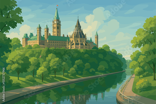 Calm Ottawa panorama with Parliament, Rideau Canal and greenery