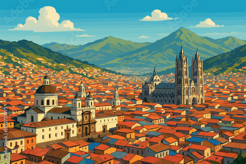 High‑altitude Quito cityscape with Andean mountains and colonial rooftops