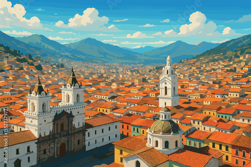 High‑altitude Quito cityscape with Andean mountains and colonial rooftops