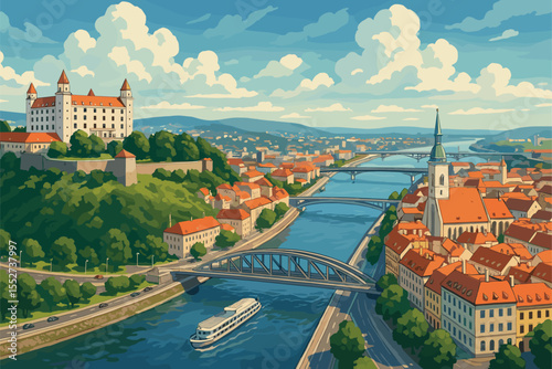 Scenic Bratislava panorama with castle, Danube River and old town