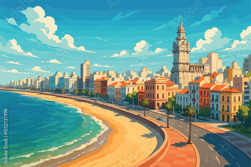 Sunny Montevideo coastal panorama with beaches and promenades