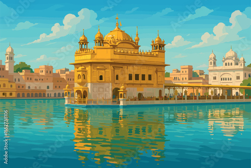 Bright Amritsar panorama featuring Golden Temple, sacred pool and surroundings