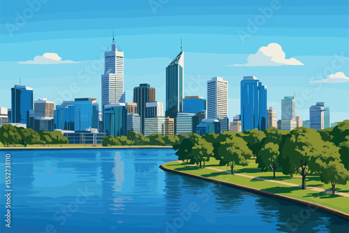 Daytime Perth skyline with Swan River, parks and modern towers