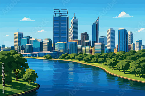 Daytime Perth skyline with Swan River, parks and modern towers