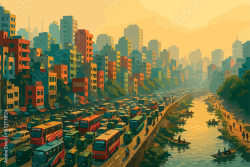 Bustling Dhaka cityscape with dense traffic and riverside vista
