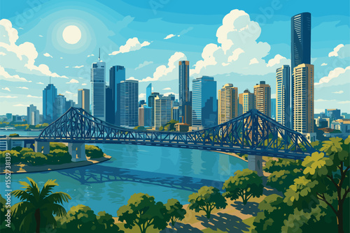 Midday Brisbane panorama with Story Bridge, riverfront towers and trees