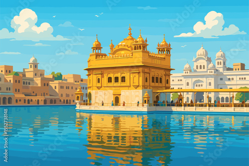 Bright Amritsar panorama featuring Golden Temple, sacred pool and surroundings