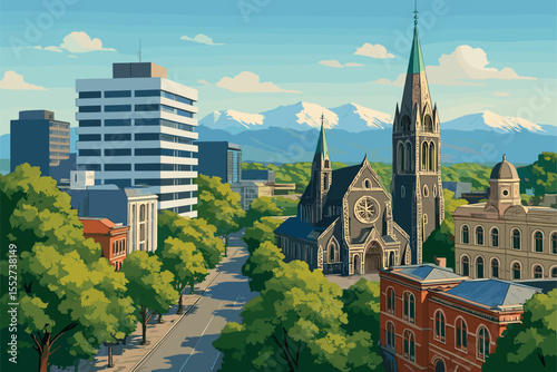 Soft midday Christchurch cityscape with heritage buildings and snowy hills