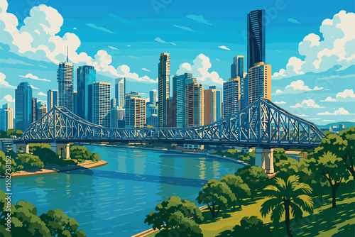 Midday Brisbane panorama with Story Bridge, riverfront towers and trees