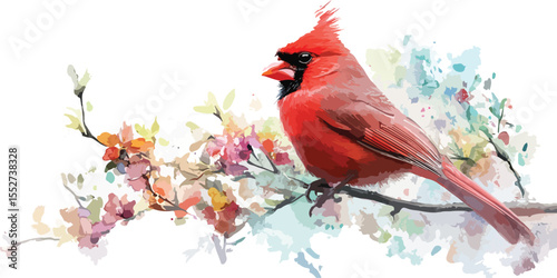 Vibrant Red Cardinal Bird on Watercolor Blossom Branch