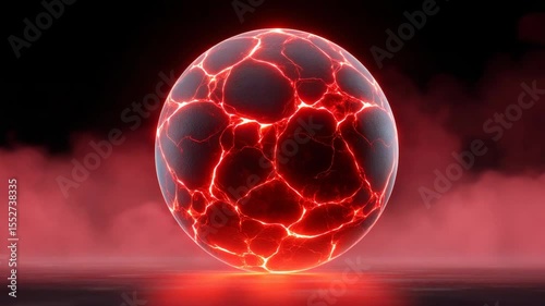Glowing Orb with Cracks Emitting Red Light Amidst Smoke in a Dark Environment