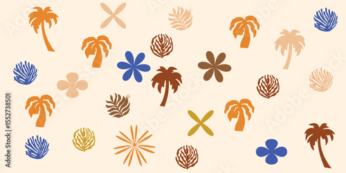 Tropical Palm Tree Floral Seamless Pattern Background Boho Organic Summer Pattern. Abstract Beach Hand Drawn Background. 