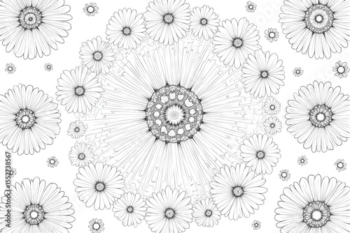 Black and white drawing of a flower with many petals. The drawing is very detailed and intricate, with each petal appearing to be a different color