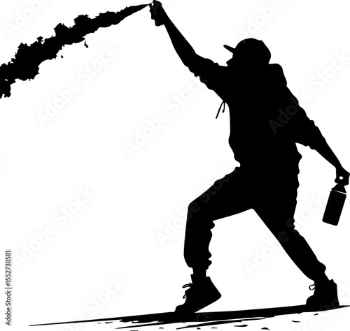 Dynamic Silhouette of a Graffiti Artist Spraying Paint on a Wall