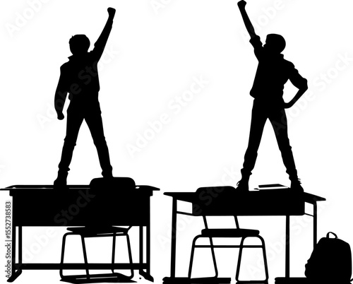 Students Standing on Desks, Celebrating Freedom and Success in a Classroom