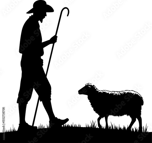 Shepherd with a Staff and Sheep Silhouette Vector Illustration