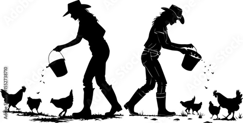 Woman Farmer Feeding Chickens on the Farm Silhouette Vector
