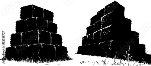 Stacked Hay Bales in a Field Silhouette Vector Illustration
