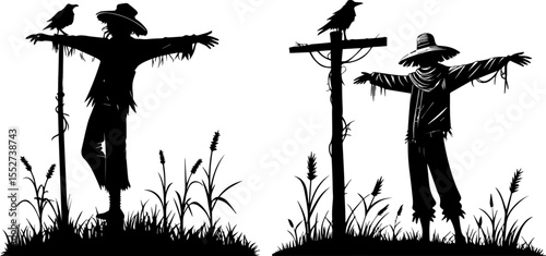 Scarecrow with Crow in a Field Silhouette Vector Illustration