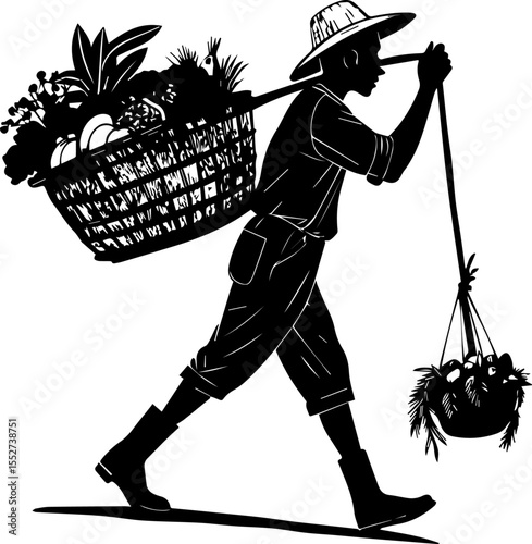Asian Farmer Carrying Baskets of Produce on a Yoke Silhouette