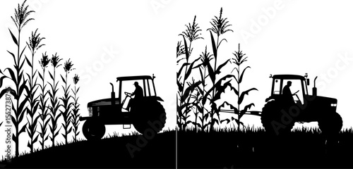 Tractor Plowing in a Corn Field Silhouetted Vector Illustration