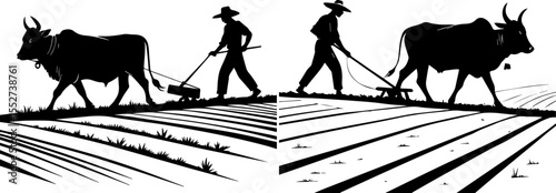 Vector silhouette of a traditional farmer plowing a field with an ox. Agrarian landscape, agriculture, and farm work
