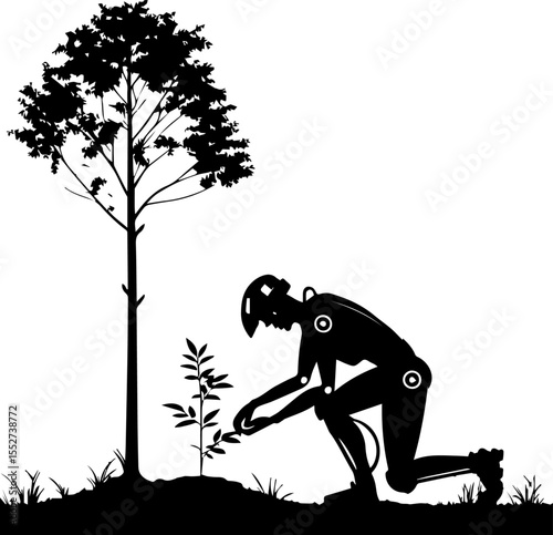 Silhouette of a Woman in an Exoskeleton Planting a Tree, Depicting Future Technology, Ecology, and Reforestation