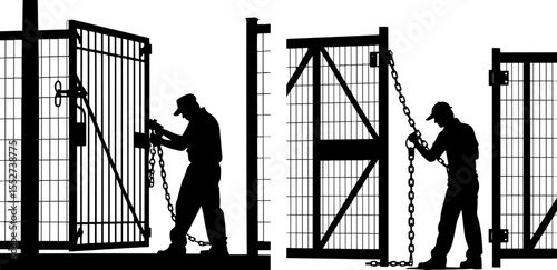 Silhouettes of a Worker Chaining and Locking a Gate, Depicting Security, Access Control, and Property Protection
