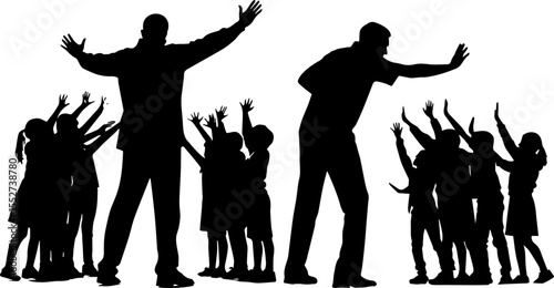 Silhouettes of a Teacher or Leader with a Group of Children, Depicting Education, Fun, and Interaction