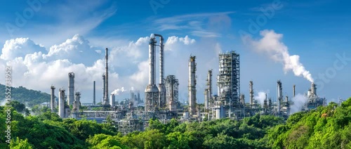 A large industrial plant with a backdrop of beautiful skies and green flora is seen.