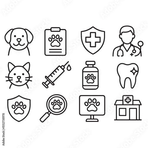 Veterinary line art icon set. Contains such icons as pets, medical history, health care, vet, vaccines, test, 
dental care, antiparasitic, diagnosis, x ray, veterinary clinic 