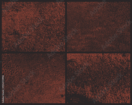 The image presents a square design of textured tiles. Each tile features a unique abstract pattern in various shades of red and brown. The surface is rough and detailed.