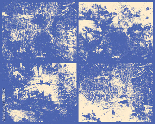 A digital collage featuring four textured panels in blue and cream. The image showcases a grainy, grunge aesthetic with rough, uneven patterns across each section. 