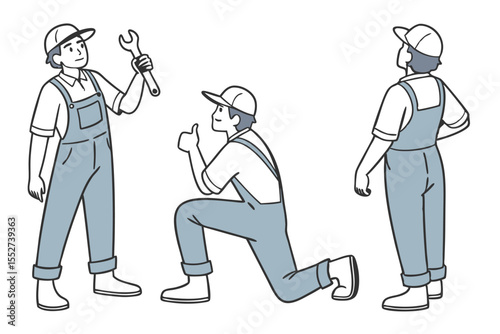 Mechanic Character Turnaround Sheet. Vector Auto Service Worker Sprite for Animation. Front, Side, and Back View Garage Model Sheet