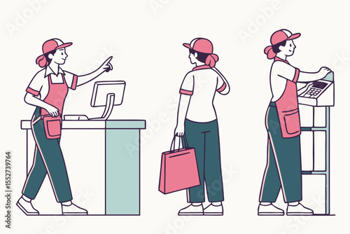 Store Staff Character Turnaround Sheet. Vector Cashier or Shop Assistant Sprite for Animation. Front, Side, and Back View Retail Model Sheet